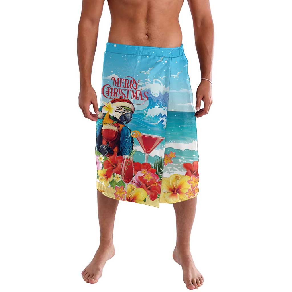 Blue tropical Christmas swim shorts with parrot and rum drink graphic, front view