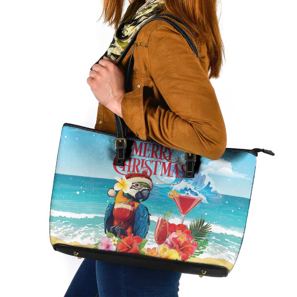 Saint Lucia Christmas Leather Tote Bag Tropical Parrot With Rum Punch Cocktail - Wonder Print Shop