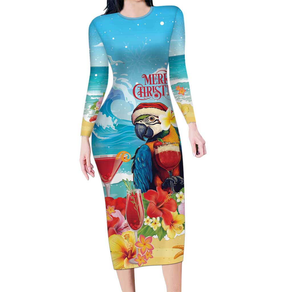 Saint Lucia Christmas Long Sleeve Bodycon Dress Tropical Parrot With Rum Punch Cocktail - Wonder Print Shop