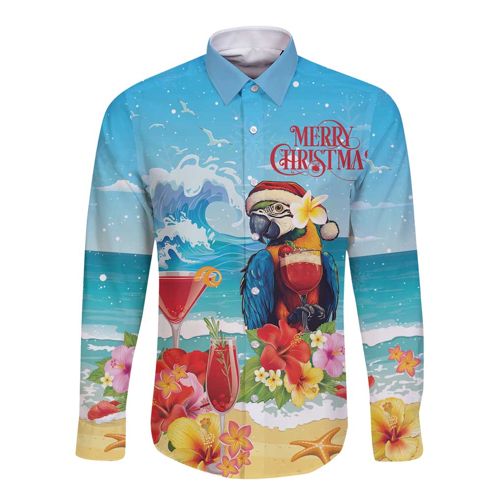 Blue long-sleeve button shirt with tropical parrot and Merry Christmas graphic