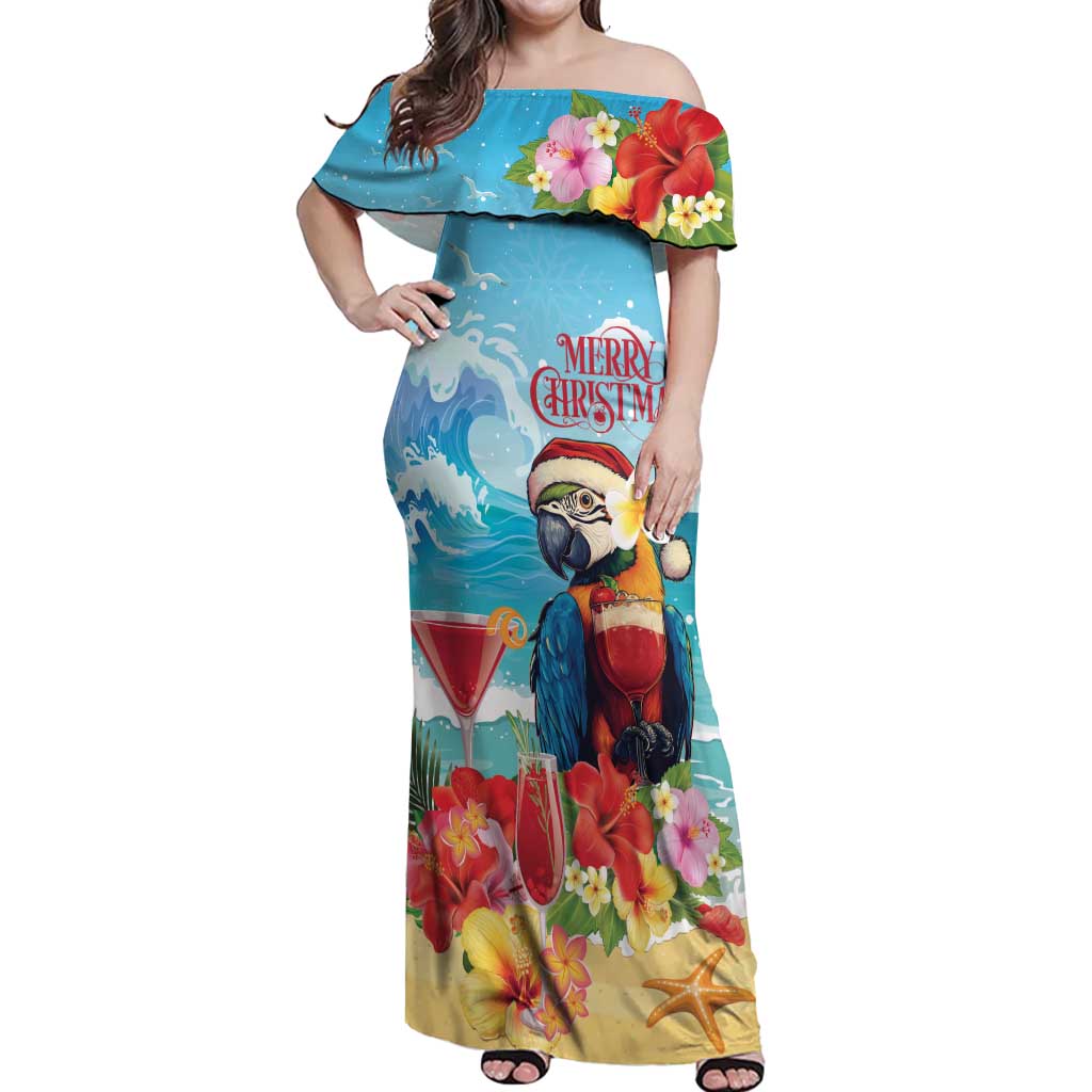 Saint Lucia Christmas Off Shoulder Maxi Dress Tropical Parrot With Rum Punch Cocktail - Wonder Print Shop