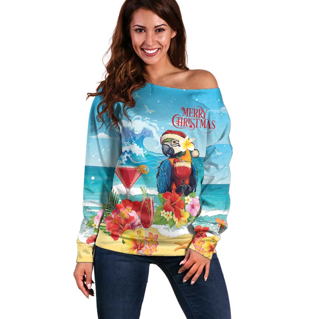 Saint Lucia Christmas Off Shoulder Sweater Tropical Parrot With Rum Punch Cocktail - Wonder Print Shop