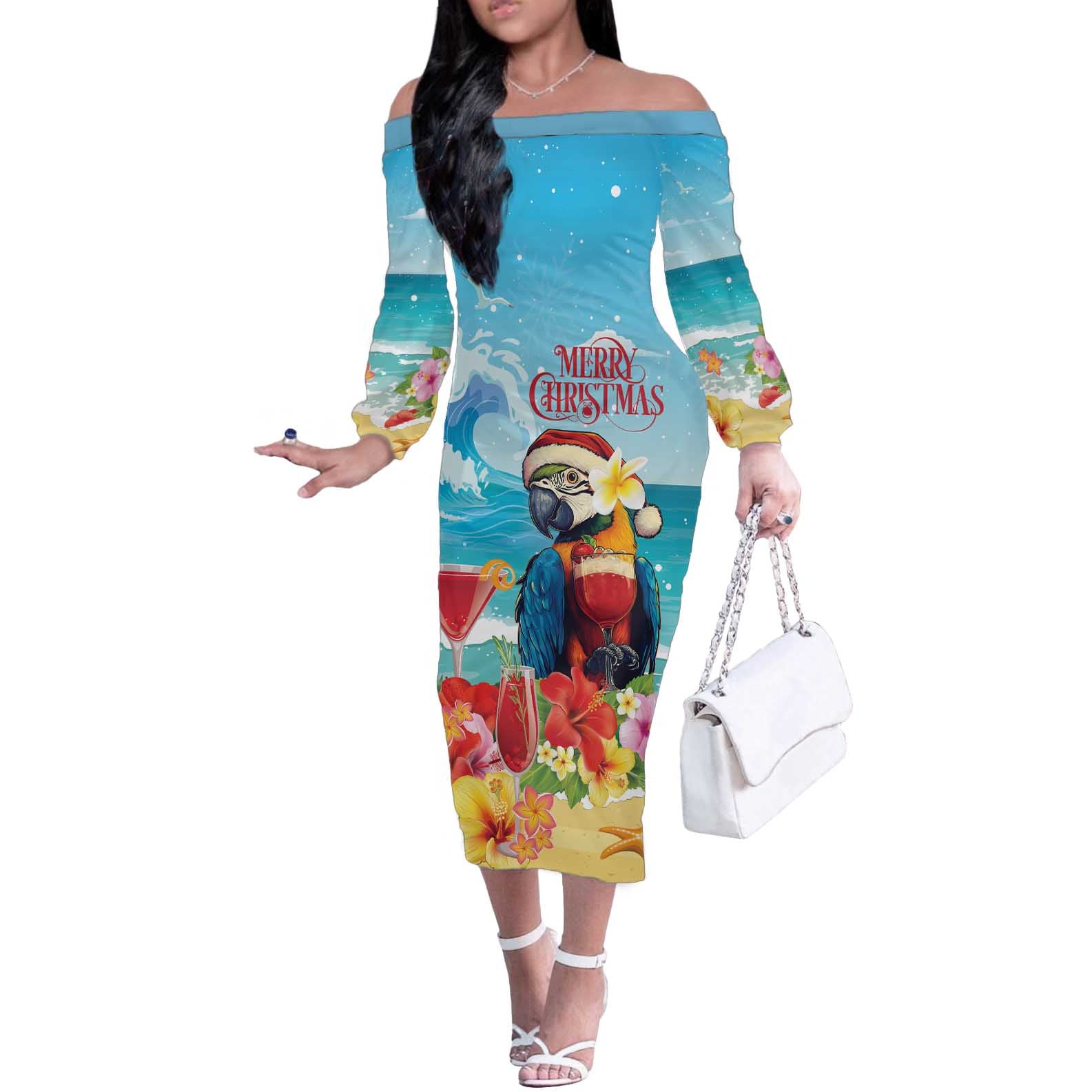 Saint Lucia Christmas Off The Shoulder Long Sleeve Dress Tropical Parrot With Rum Punch Cocktail - Wonder Print Shop