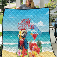 Blue Christmas quilt featuring a tropical parrot with a rum punch cocktail and “Merry Christmas”