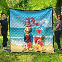 Blue Christmas quilt, quilted throw with tropical parrot, rum punch cocktail, and “Merry Christmas”