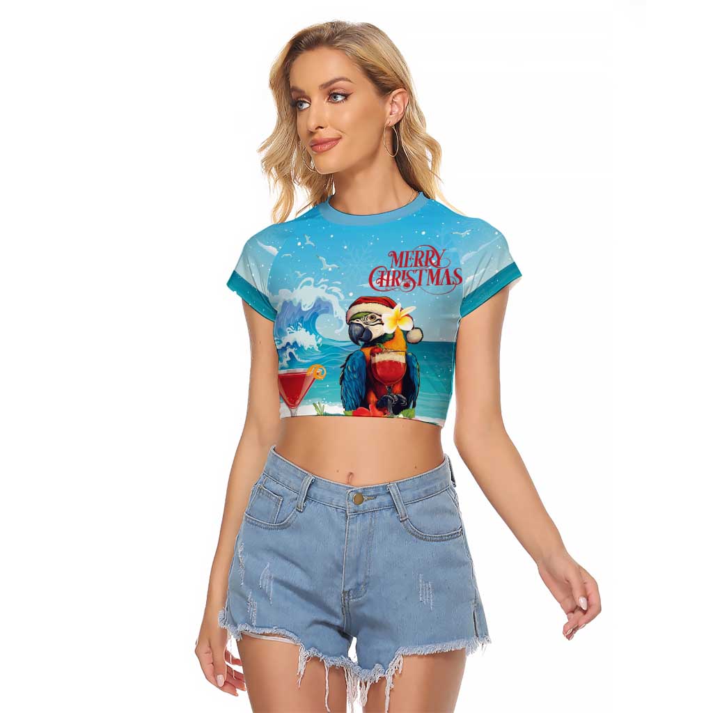 Saint Lucia Christmas Raglan Cropped T Shirt Tropical Parrot With Rum Punch Cocktail - Wonder Print Shop