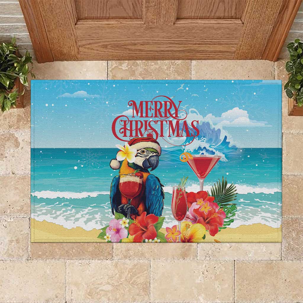 Saint Lucia Christmas Rubber Doormat Tropical Parrot With Rum Punch Cocktail - Wonder Print Shop