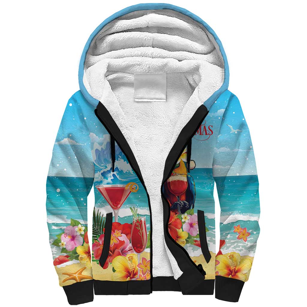 Saint Lucia Christmas Sherpa Hoodie Tropical Parrot With Rum Punch Cocktail - Wonder Print Shop