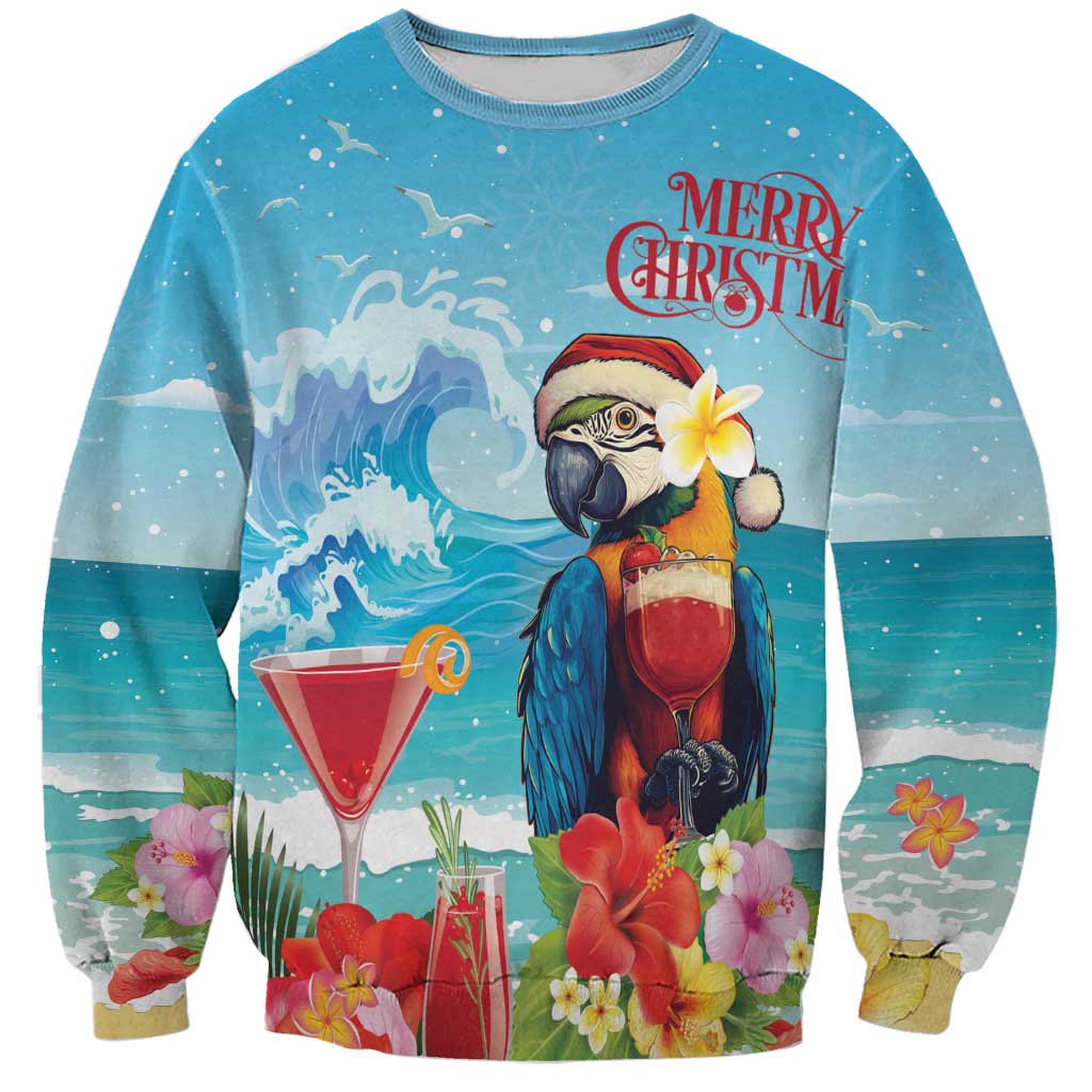 Unisex blue Christmas sweatshirt with parrot, cocktail glass, and “Merry Christmas”