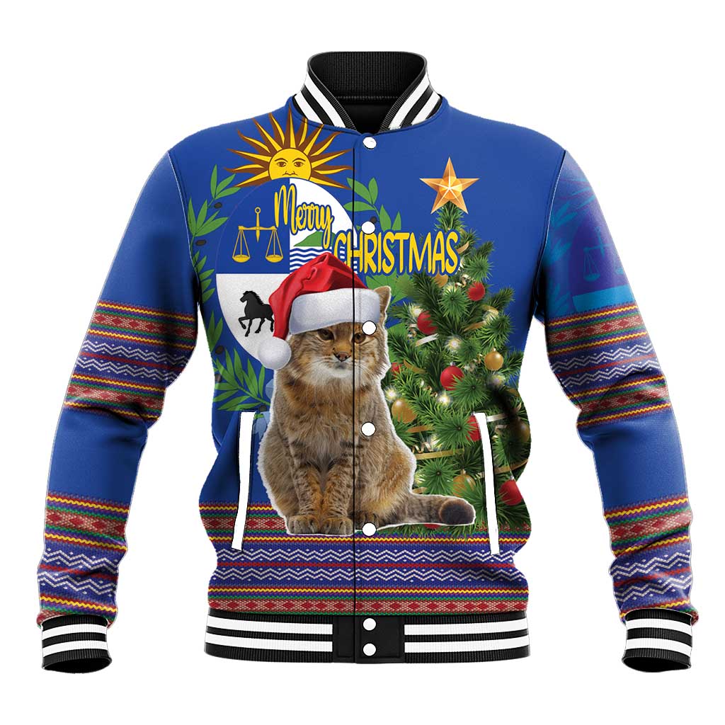 Blue unisex baseball jacket with cat wearing Santa hat, folk Christmas graphic and striped cuffs
