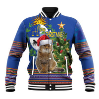 Blue unisex baseball jacket with cat wearing Santa hat, folk Christmas graphic and striped cuffs