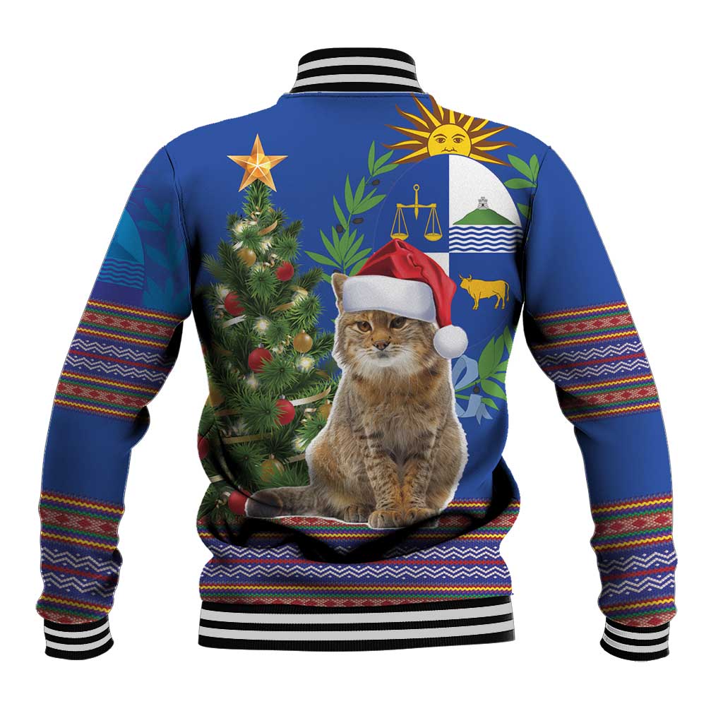 Blue unisex baseball jacket back view with cat Santa hat, holiday stars, tree and folk trim