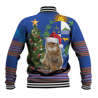 Blue unisex baseball jacket back view with cat Santa hat, holiday stars, tree and folk trim
