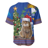 Blue Christmas baseball jersey back view: tabby cat in Santa hat by tree, folk pattern