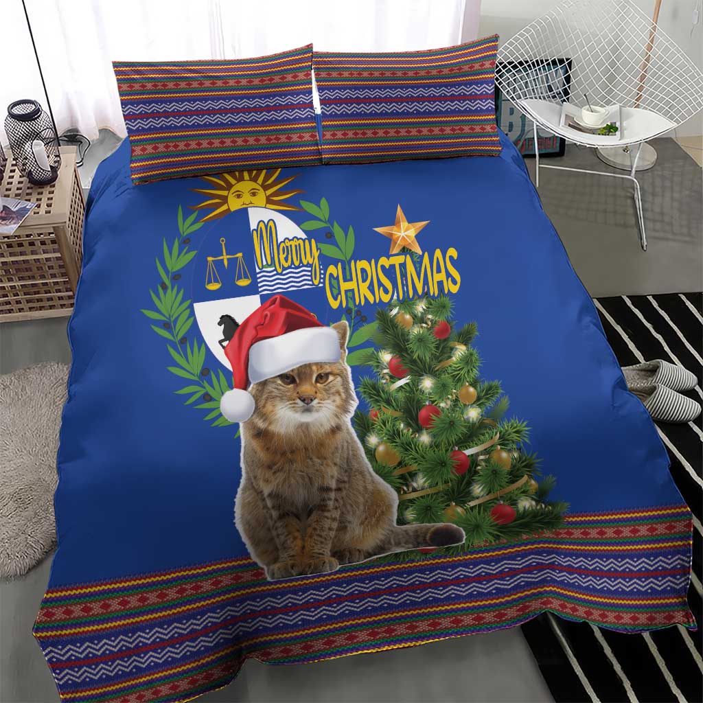 Blue Christmas bedding set with cat portrait, Christmas greeting and folk stripe border