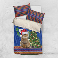 Blue Christmas bedding set with cat Santa hat print and colorful folk stripe pillow covers
