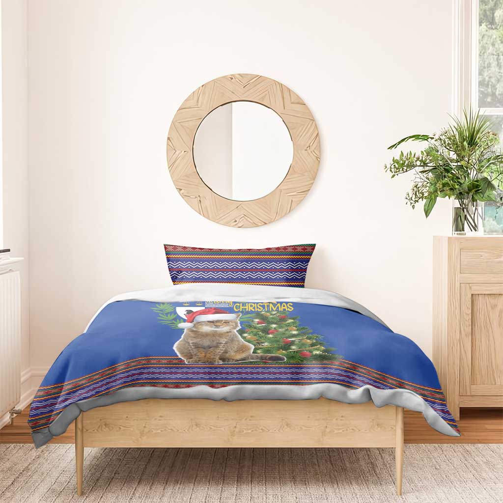 Blue Christmas bedding set with cat wearing Santa hat, Christmas graphic and folk stripe trim