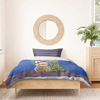 Blue Christmas bedding set with cat wearing Santa hat, Christmas graphic and folk stripe trim