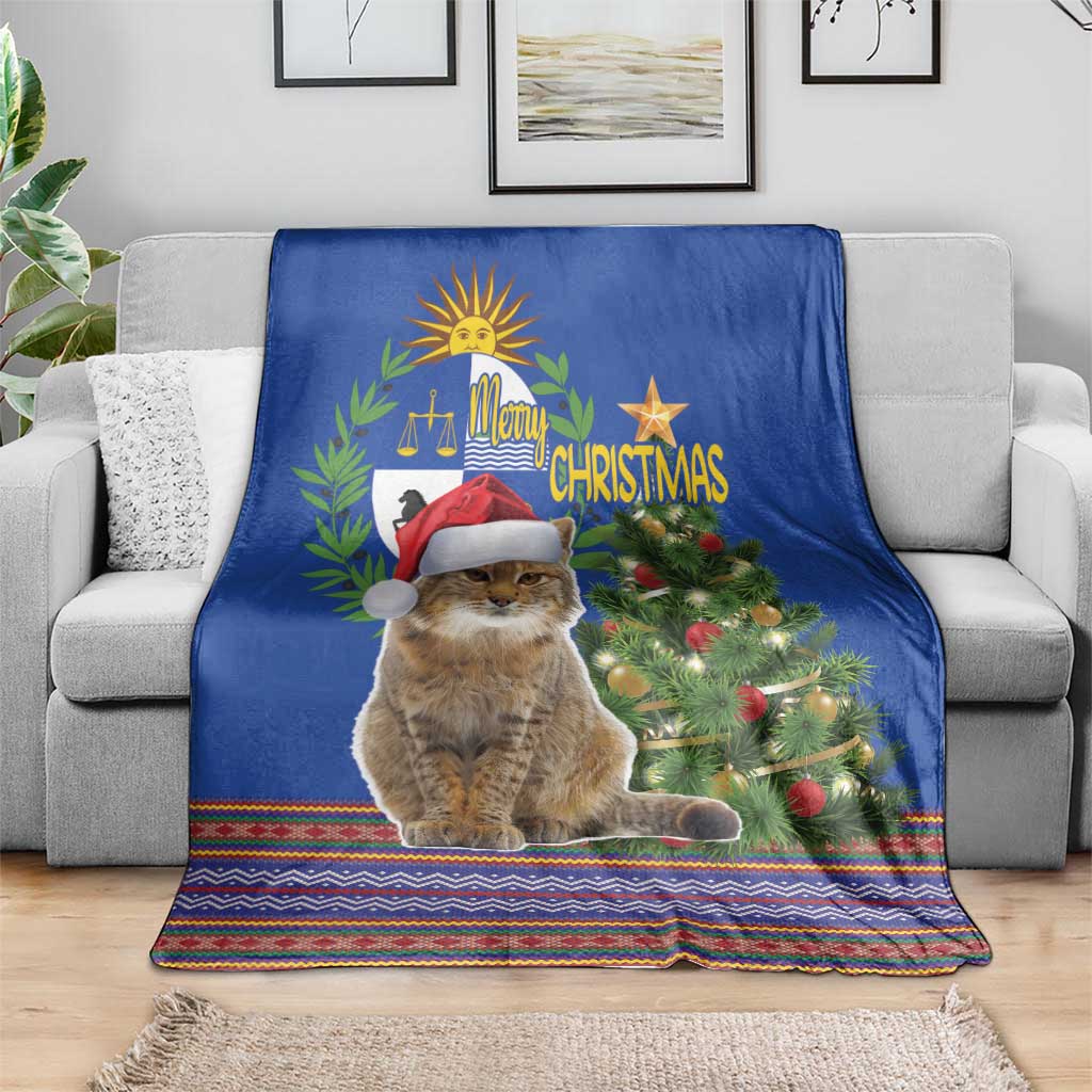 Blue Christmas blanket with seated cat in red hat, evergreen tree, and multicolor stripe edge