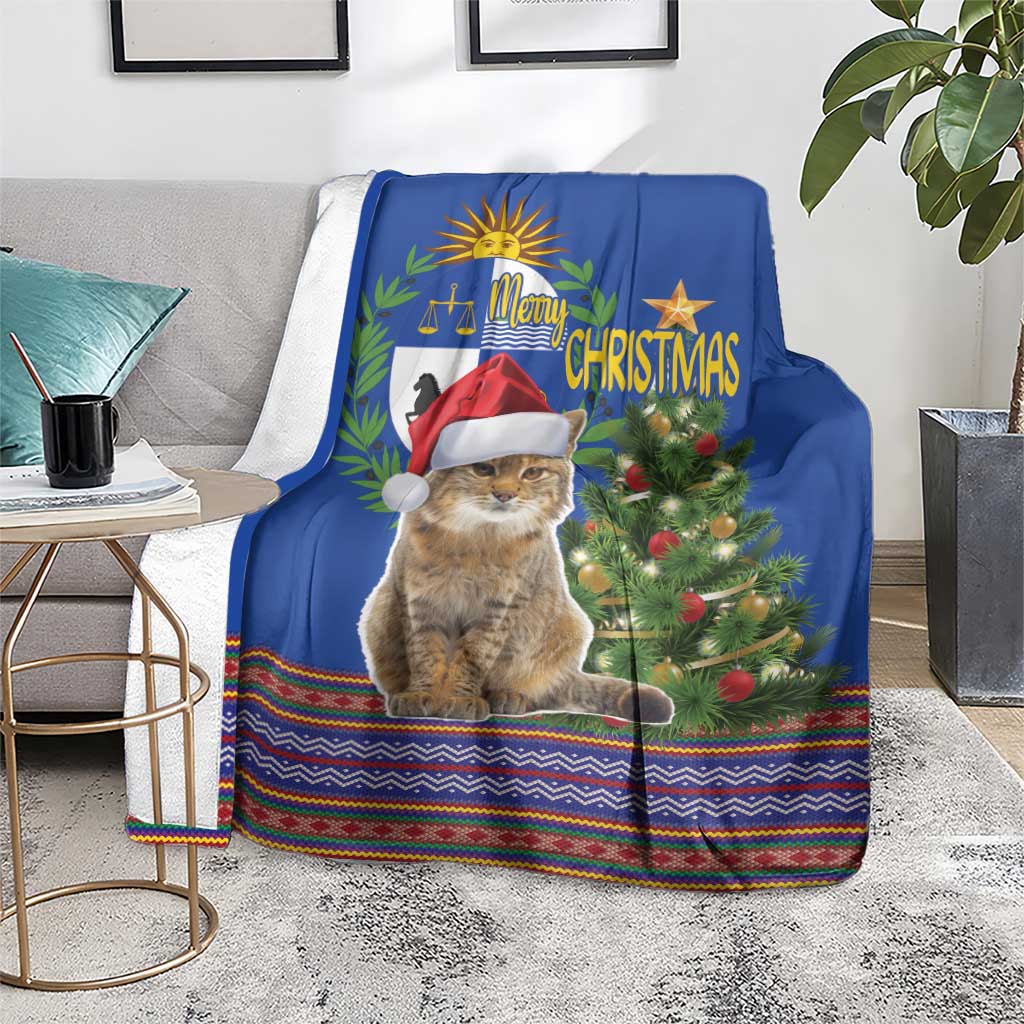 Blue Christmas blanket with cat in red hat and evergreen tree, framed by multicolor stripes