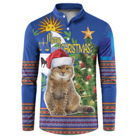 Blue button-up Christmas sweatshirt with tabby cat in Santa hat and folk border print