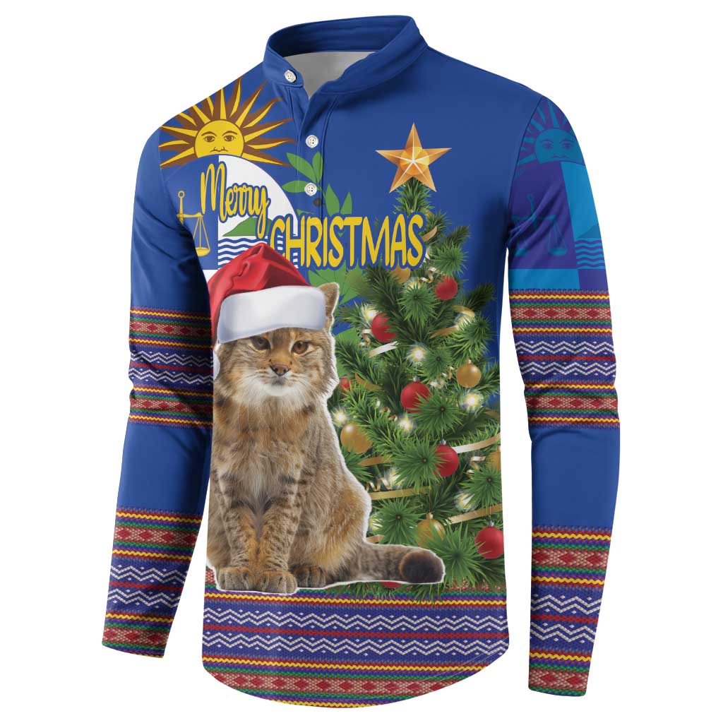 Blue long-sleeve button sweatshirt with cat and Christmas tree graphic, folk stripe cuffs