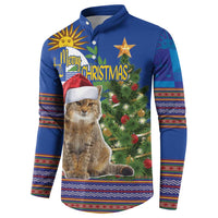 Blue long-sleeve button sweatshirt with cat and Christmas tree graphic, folk stripe cuffs
