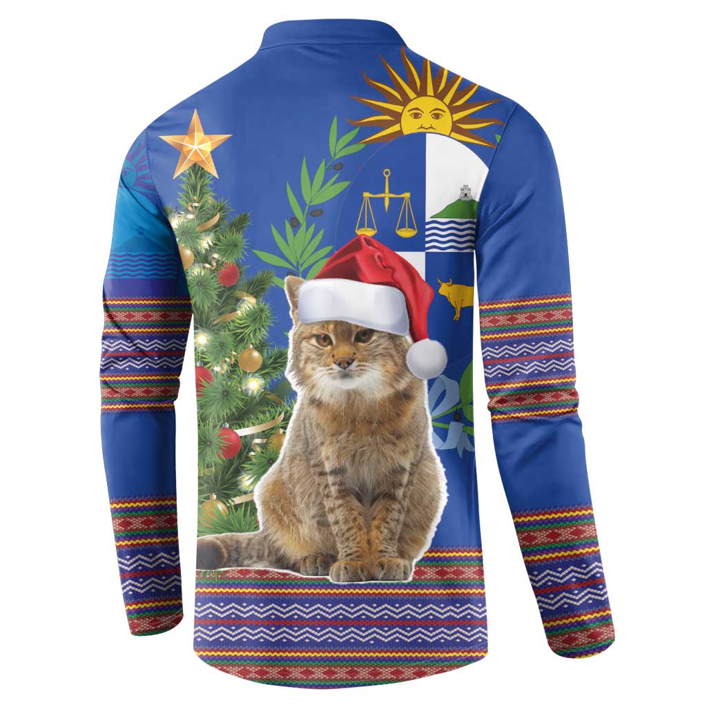 Blue long-sleeve button sweatshirt back graphic with cat, pine tree, and ornaments
