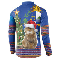 Blue long-sleeve button sweatshirt back graphic with cat, pine tree, and ornaments