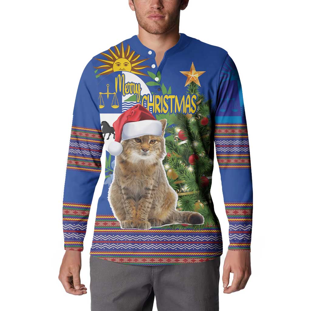 Blue Christmas button sweatshirt on model with tabby cat in Santa hat and tree print