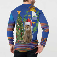 Blue Christmas button sweatshirt back on model with cat, pine tree, and folk trim
