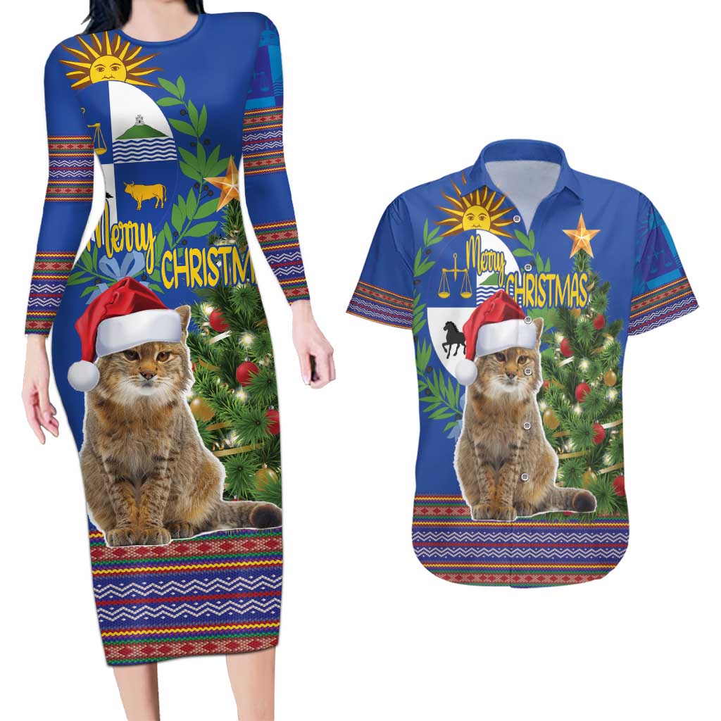 Uruguay Christmas Couples Matching Long Sleeve Bodycon Dress and Hawaiian Shirt Pampas Cat With Folk Pattern - Wonder Print Shop