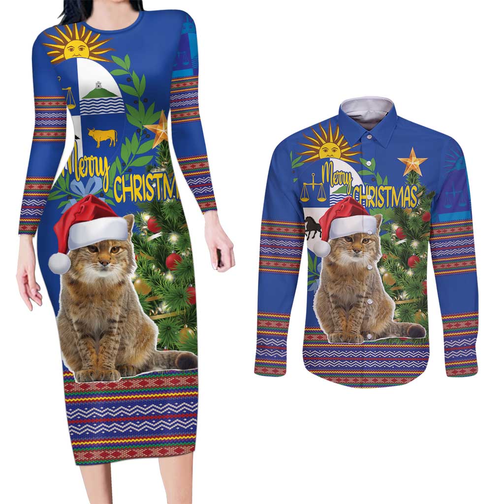 Uruguay Christmas Couples Matching Long Sleeve Bodycon Dress and Long Sleeve Button Shirt Pampas Cat With Folk Pattern - Wonder Print Shop