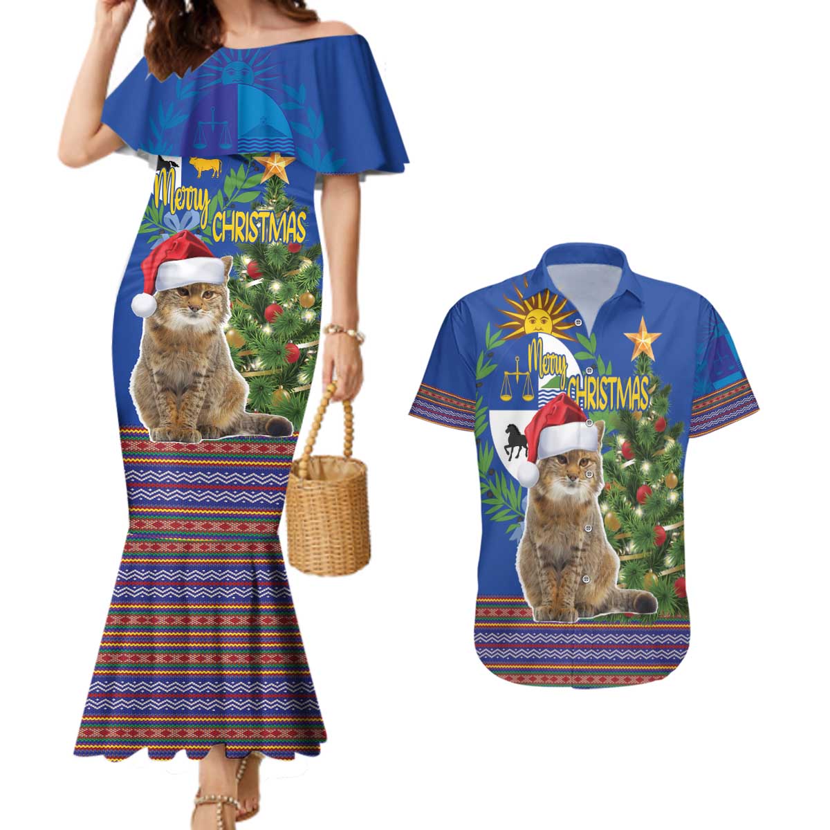 Uruguay Christmas Couples Matching Mermaid Dress and Hawaiian Shirt Pampas Cat With Folk Pattern - Wonder Print Shop