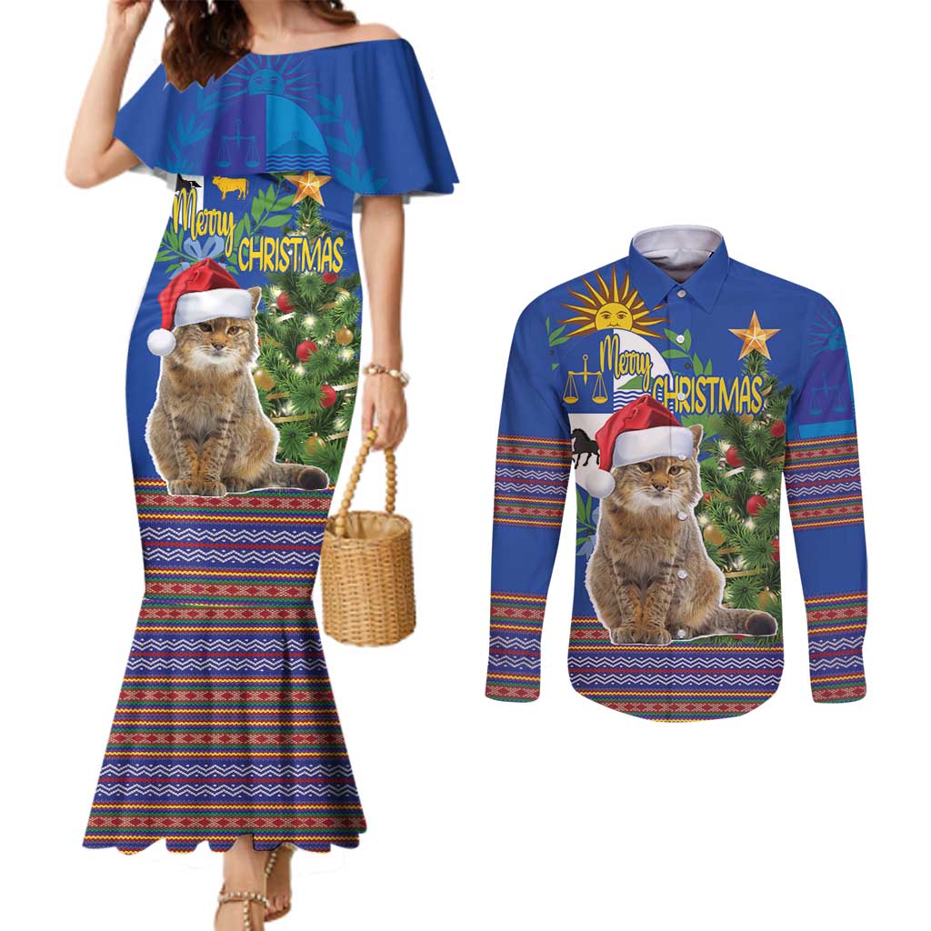 Uruguay Christmas Couples Matching Mermaid Dress and Long Sleeve Button Shirt Pampas Cat With Folk Pattern