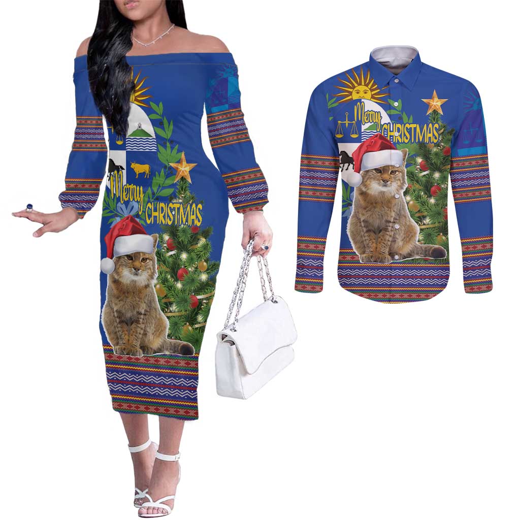 Uruguay Christmas Couples Matching Off The Shoulder Long Sleeve Dress and Long Sleeve Button Shirt Pampas Cat With Folk Pattern