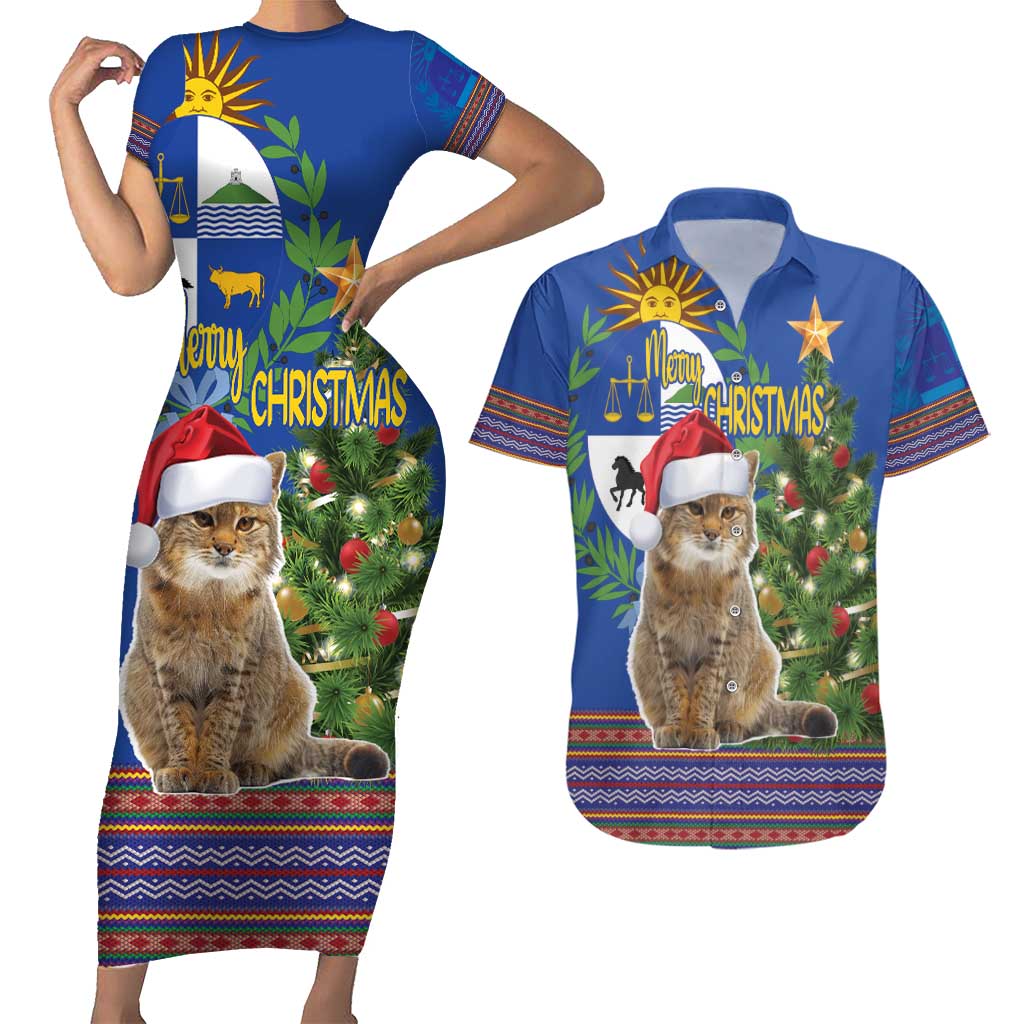 Uruguay Christmas Couples Matching Short Sleeve Bodycon Dress and Hawaiian Shirt Pampas Cat With Folk Pattern - Wonder Print Shop