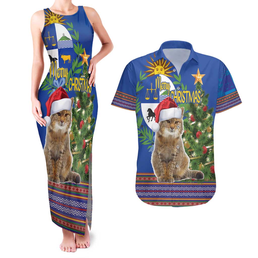 Uruguay Christmas Couples Matching Tank Maxi Dress and Hawaiian Shirt Pampas Cat With Folk Pattern - Wonder Print Shop