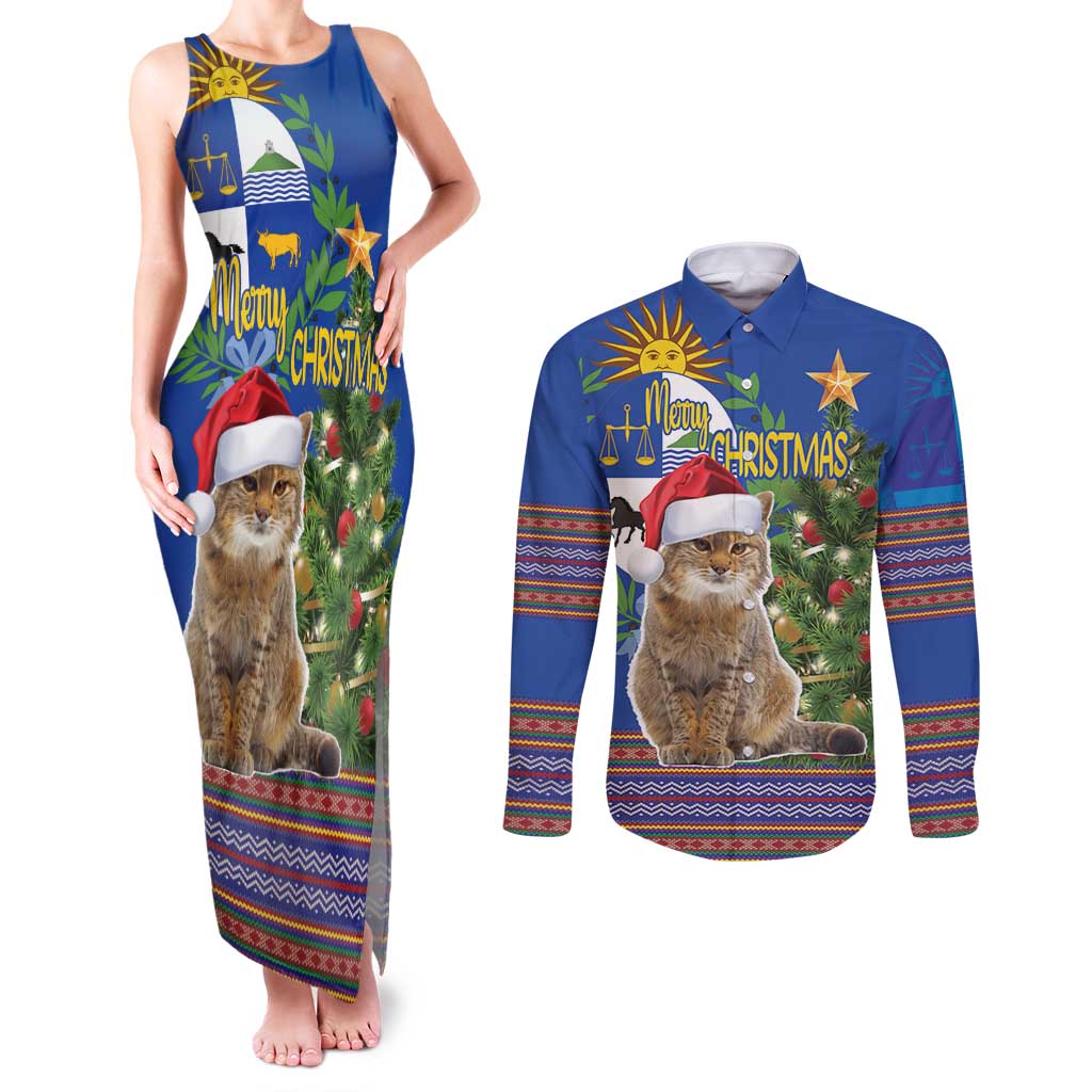 Uruguay Christmas Couples Matching Tank Maxi Dress and Long Sleeve Button Shirt Pampas Cat With Folk Pattern - Wonder Print Shop