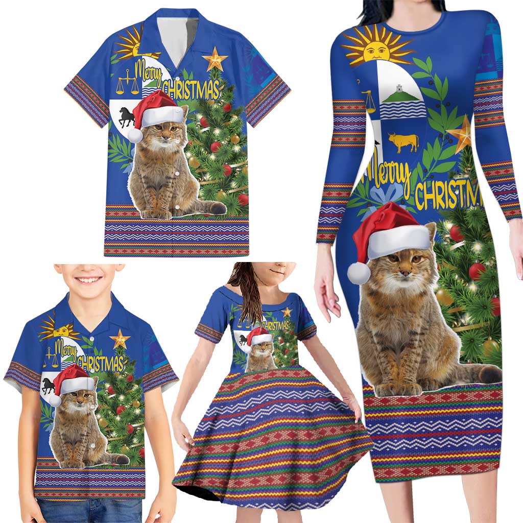 Uruguay Christmas Family Matching Long Sleeve Bodycon Dress and Hawaiian Shirt Pampas Cat With Folk Pattern - Wonder Print Shop