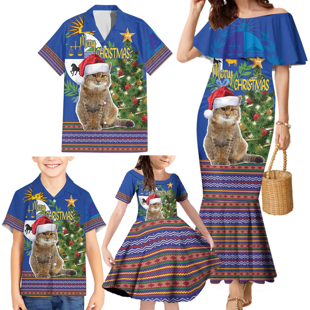 Uruguay Christmas Family Matching Mermaid Dress and Hawaiian Shirt Pampas Cat With Folk Pattern - Wonder Print Shop