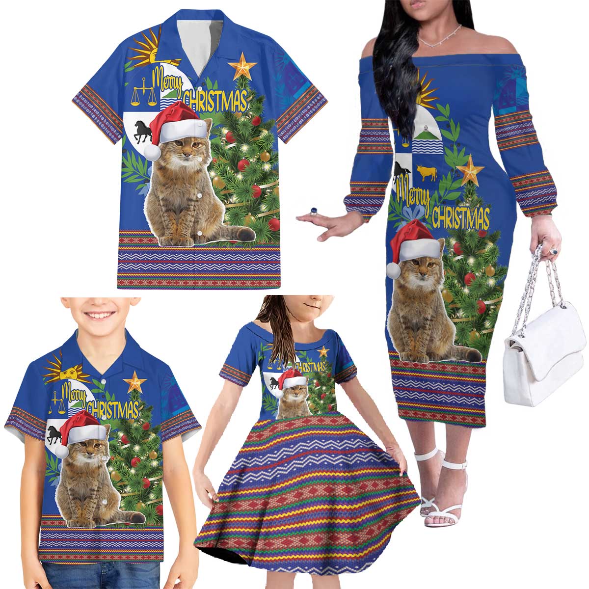 Uruguay Christmas Family Matching Off The Shoulder Long Sleeve Dress and Hawaiian Shirt Pampas Cat With Folk Pattern - Wonder Print Shop