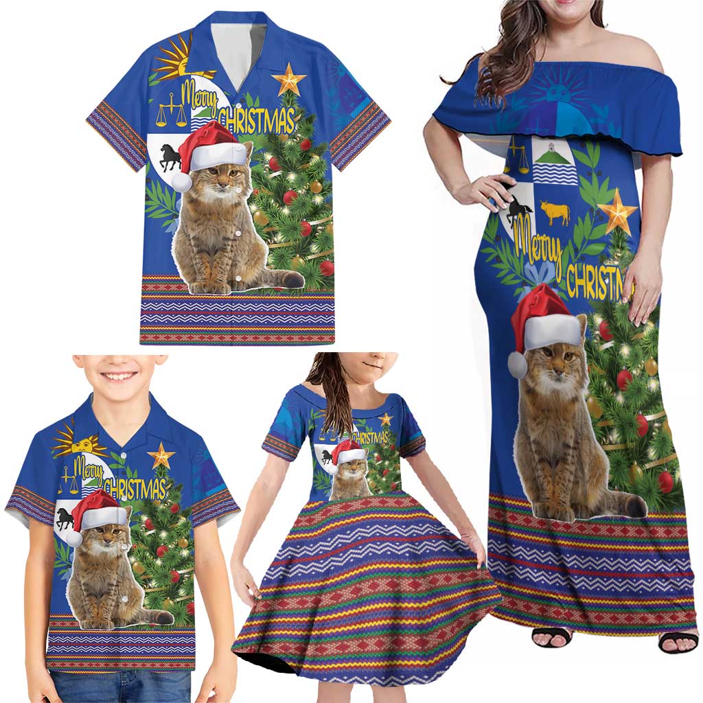 Uruguay Christmas Family Matching Off Shoulder Maxi Dress and Hawaiian Shirt Pampas Cat With Folk Pattern - Wonder Print Shop