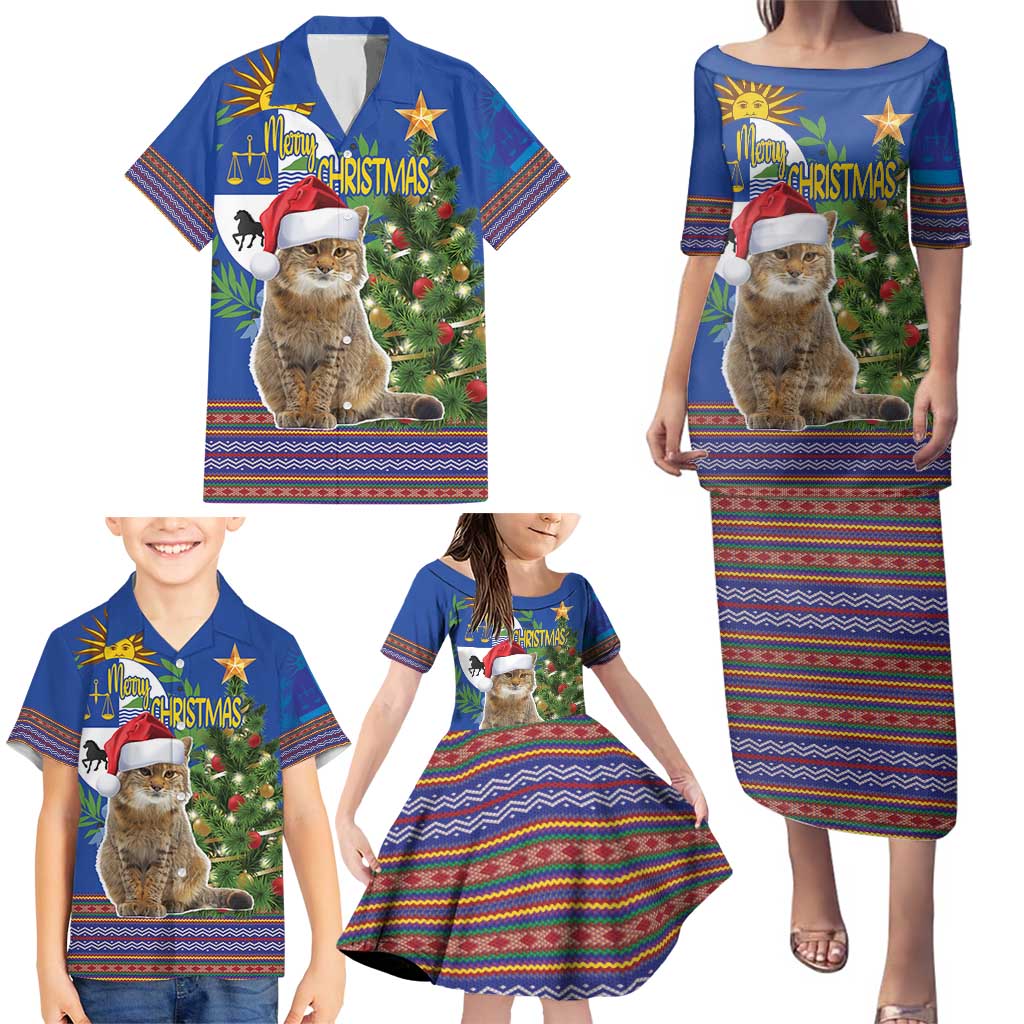 Uruguay Christmas Family Matching Puletasi and Hawaiian Shirt Pampas Cat With Folk Pattern - Wonder Print Shop