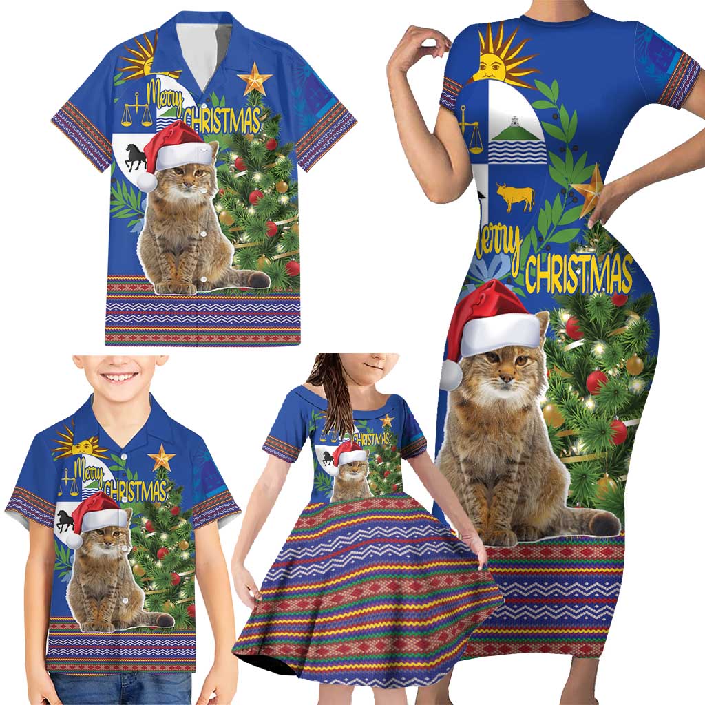 Uruguay Christmas Family Matching Short Sleeve Bodycon Dress and Hawaiian Shirt Pampas Cat With Folk Pattern - Wonder Print Shop