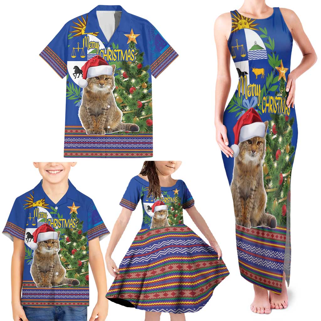 Uruguay Christmas Family Matching Tank Maxi Dress and Hawaiian Shirt Pampas Cat With Folk Pattern - Wonder Print Shop