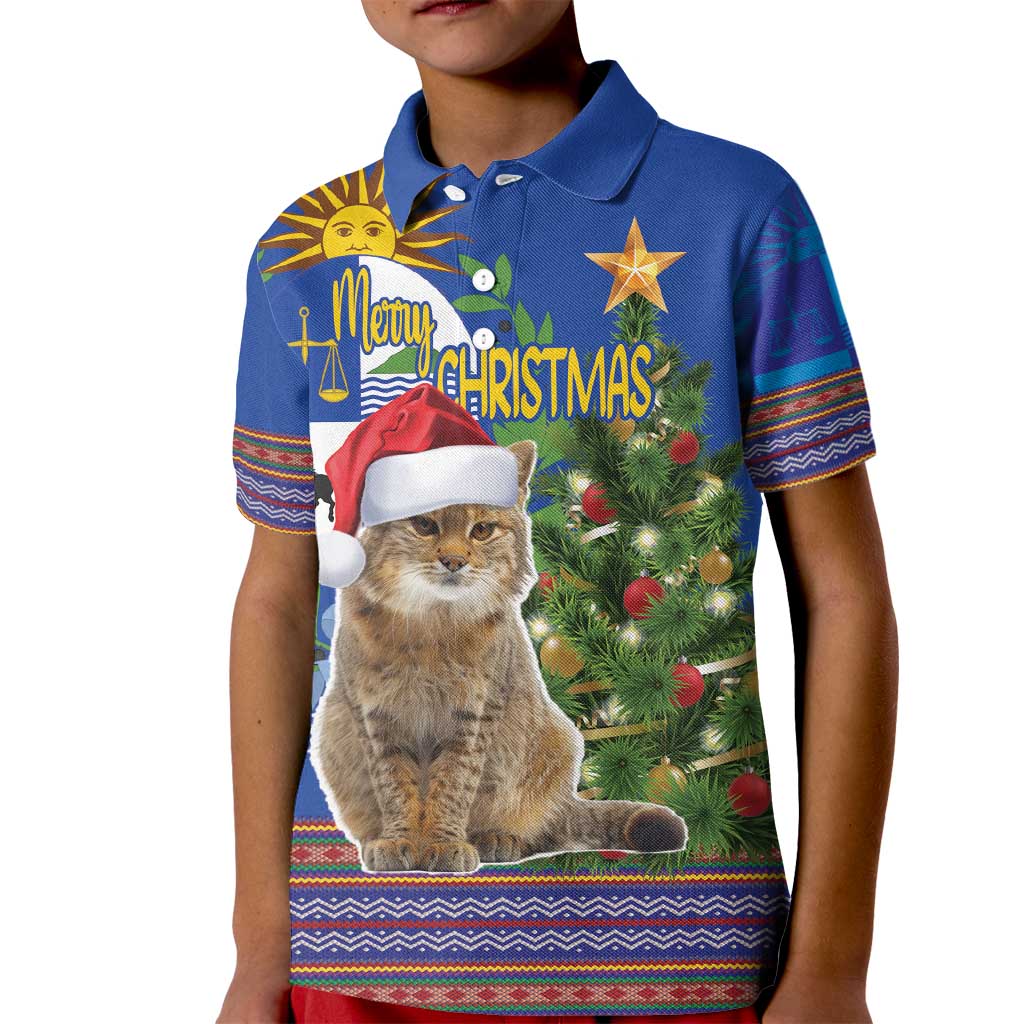 Uruguay Christmas Kid Polo Shirt Pampas Cat With Folk Pattern - Wonder Print Shop