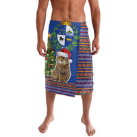 Blue sarong skirt with cat graphic, Santa hat, and colorful folk border pattern