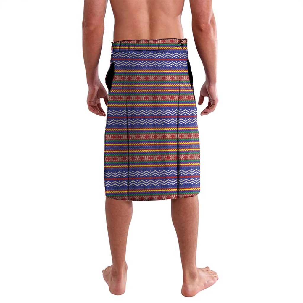 Blue sarong skirt with multicolor zigzag and stripe folk pattern, back view