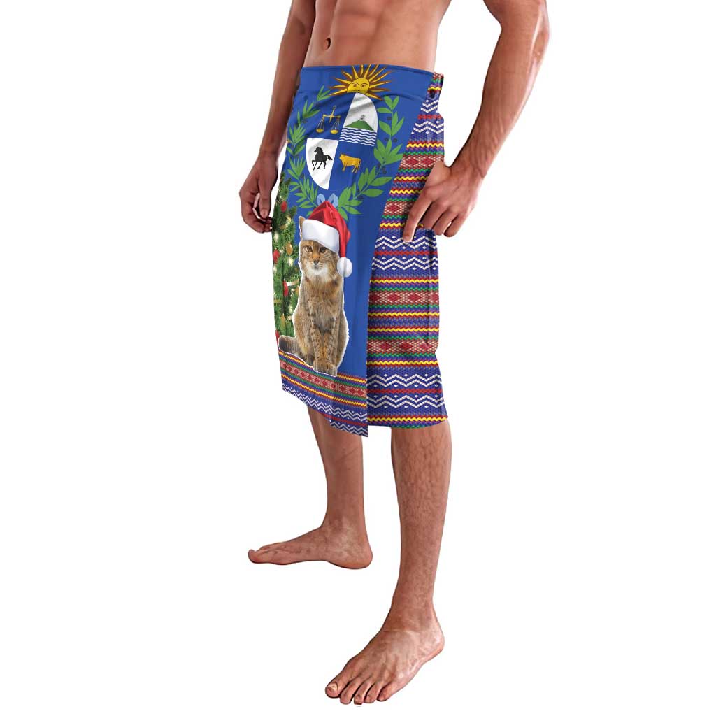 Blue sarong skirt with cat graphic and Santa hat, side view with folk border pattern